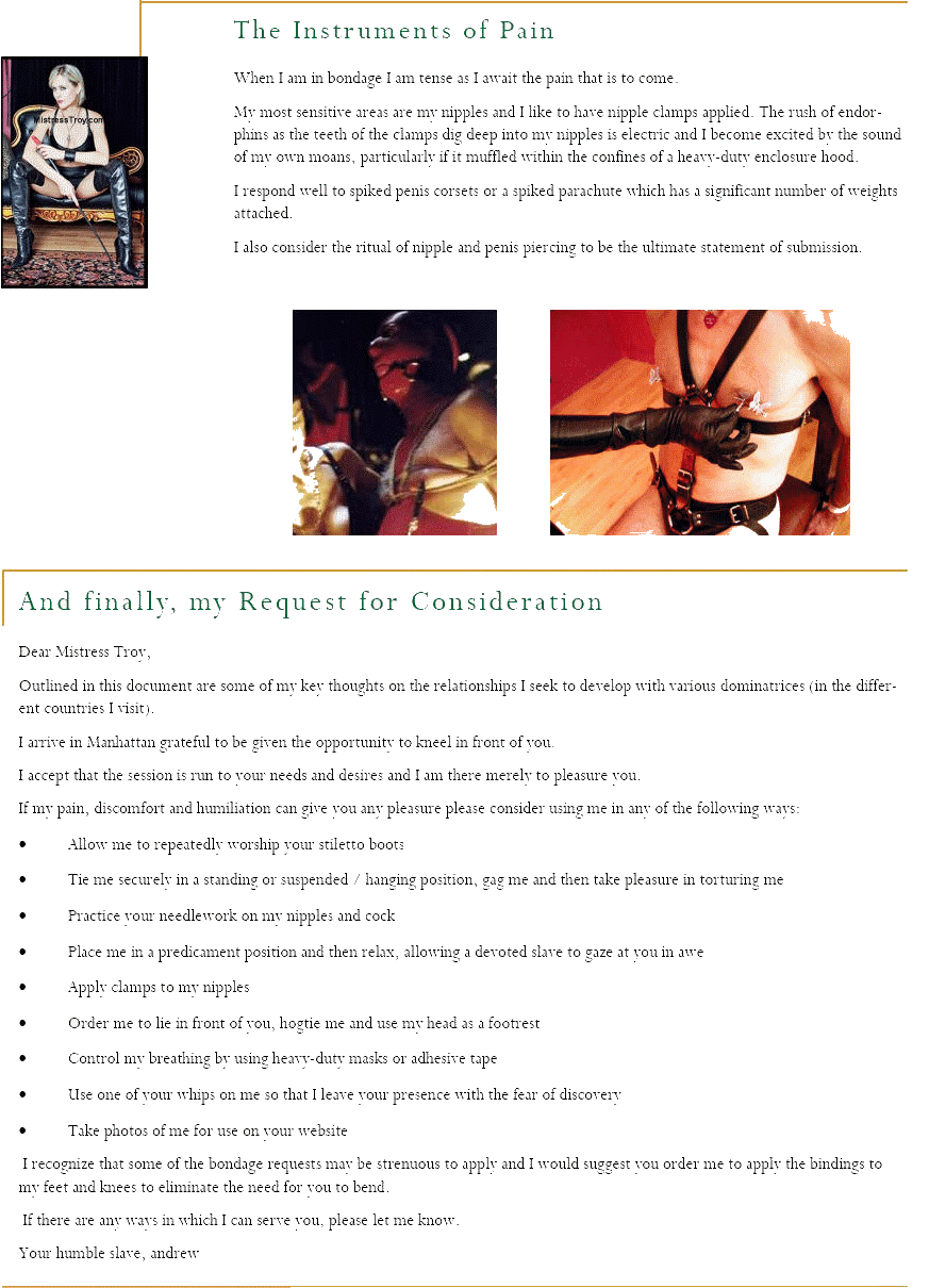 Mistress Troy, ProDomme, New York City, BDSM, fetish and FemDom sessions in private dudgeon