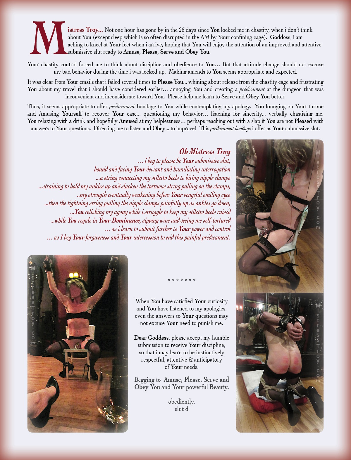 Mistress Troy, Professional Dominatrix, New York City's premier
			Mistress of BDSM, fetish and femdom